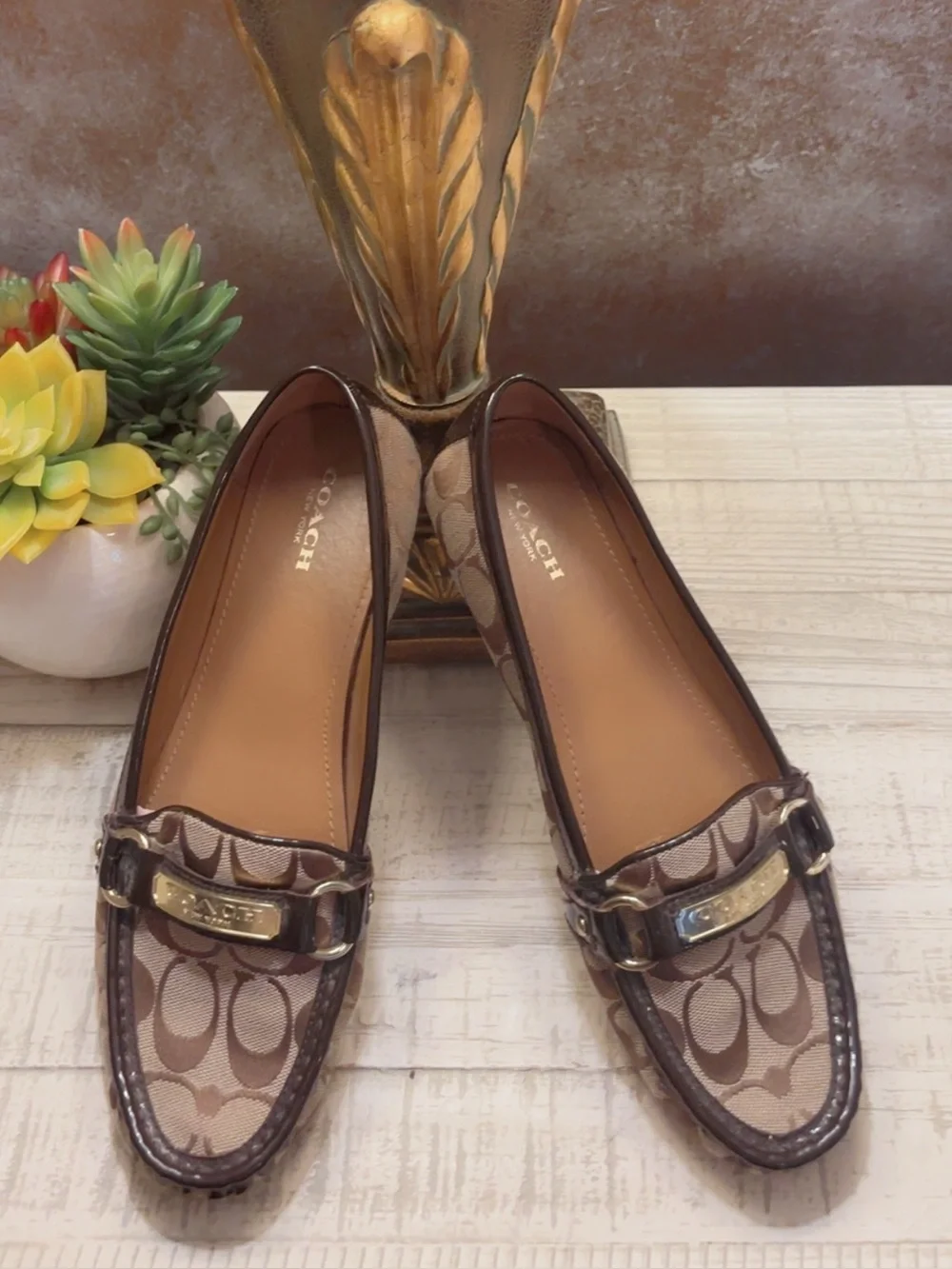 Like New ~ Coach Brown Signature Print Loafers (see flaw comment)~ Size 10